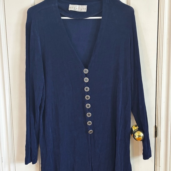 Navy 90s stretch button down long sleeved shirt - Picture 5 of 9